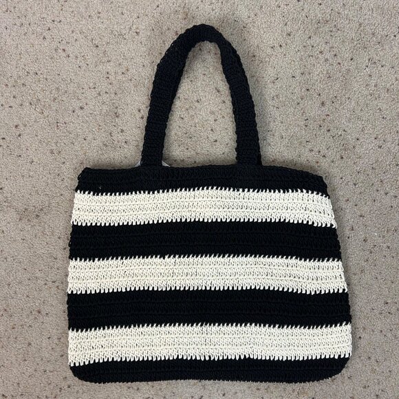 NEW A New Day Hand Crafted Woven Tote Bag Black & Ivory Crochet - Picture 2 of 5